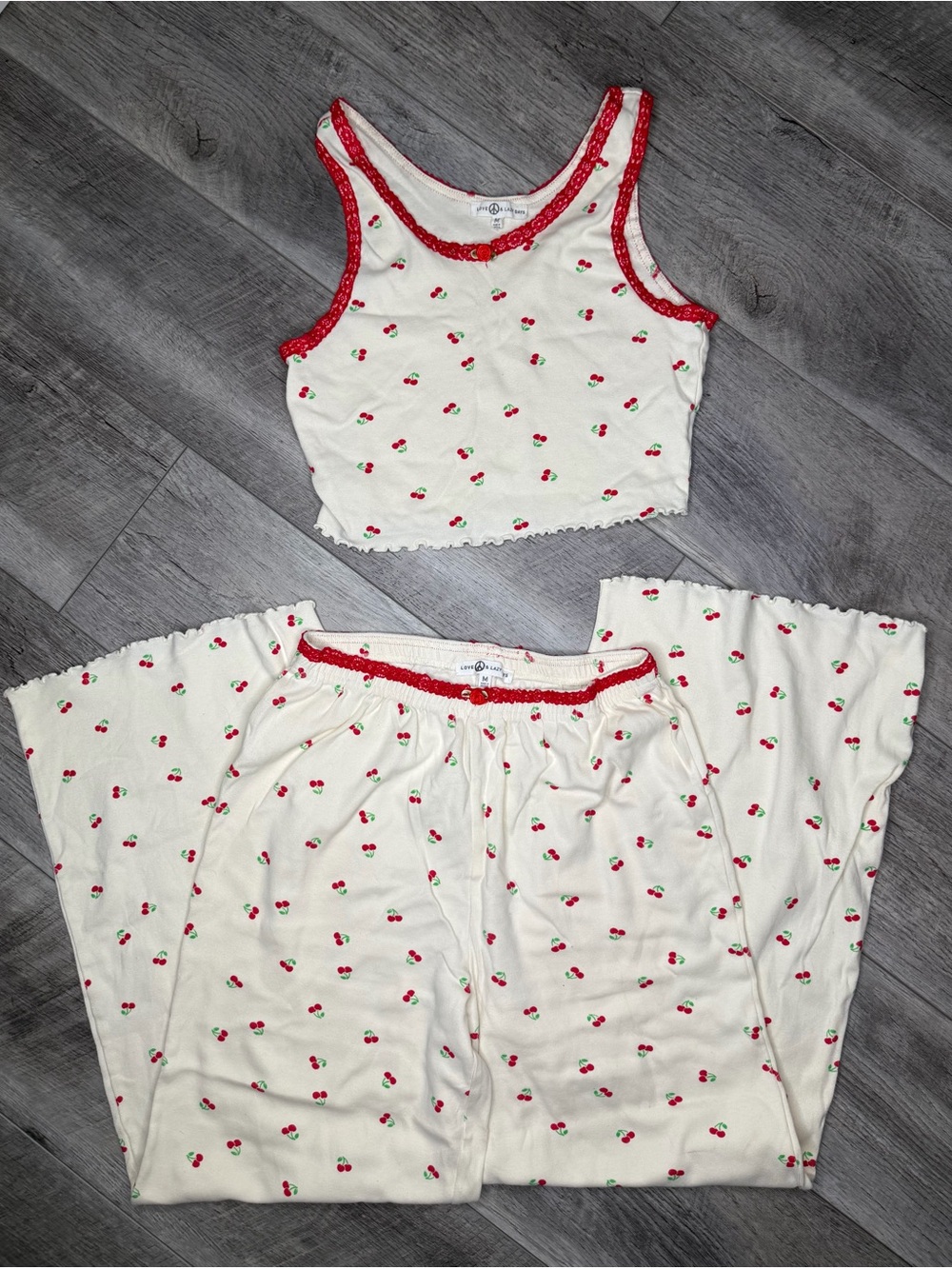 Women’s Cream Cherry-Print Pajama Set with Red Trim Accents